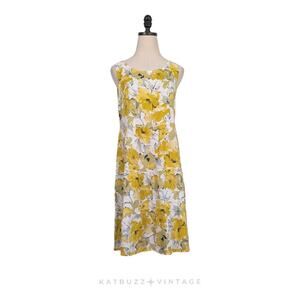 Floral Linen Midi Dress S Yellow White Tiered Italy Sleeveless Sundress Beach